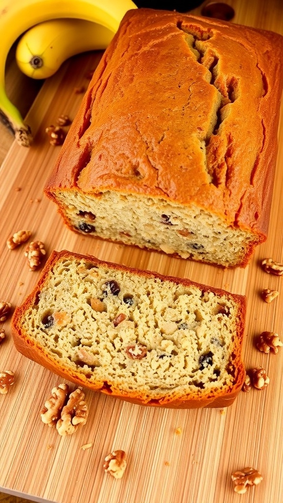 A loaf of moist banana bread sliced on a wooden board, with ripe bananas and walnuts beside it.